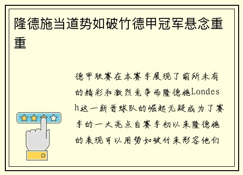 隆德施当道势如破竹德甲冠军悬念重重